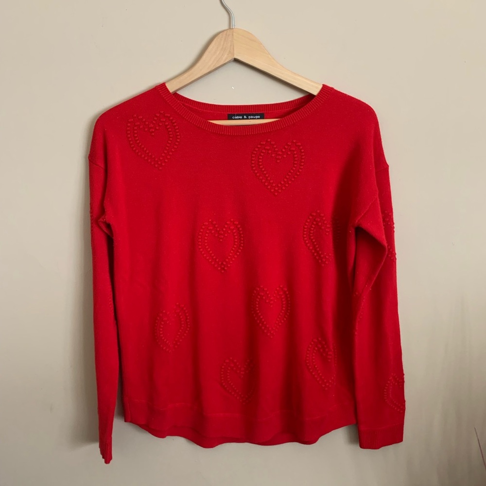 CABLE & GAUGE red sweater, soft material, stitched hearts, valentine, cute